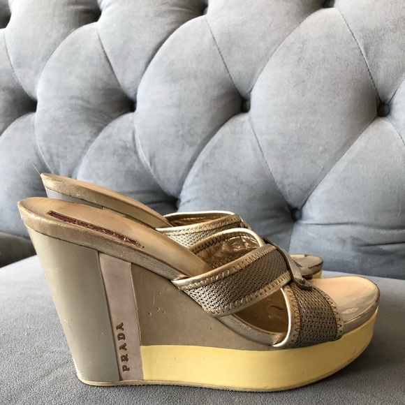 PRADA Gold Leather/Mesh Platforms Made in ITALY - Picture 1 of 6